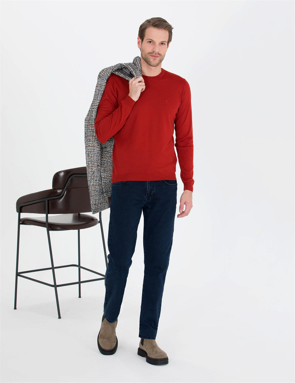 Kiremit Slim Fit Bisiklet Yaka Y_n Kar___ml_ Basic Triko Kazak