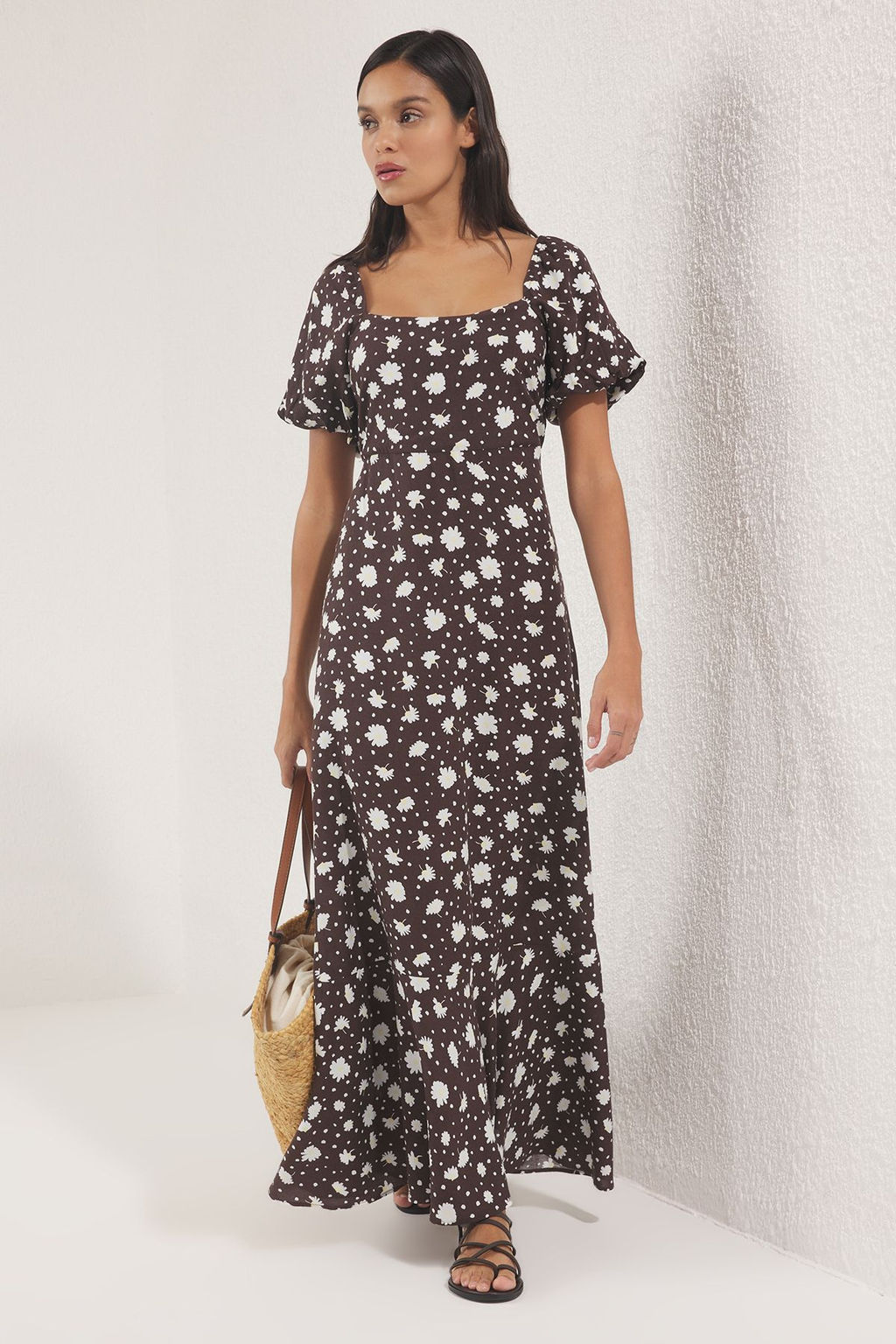 Kahverengi Etegi Belden Ac?lan Cicekli Maxi Dokuma Elbise TWOSS25EL00577 - Trendyolmilla фото 2