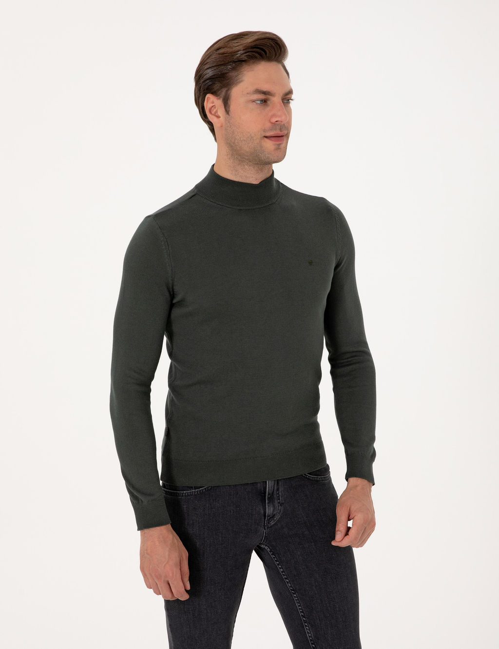 Koyu Haki Slim Fit Yar_m Bal_k__ Yaka Basic Triko Kazak