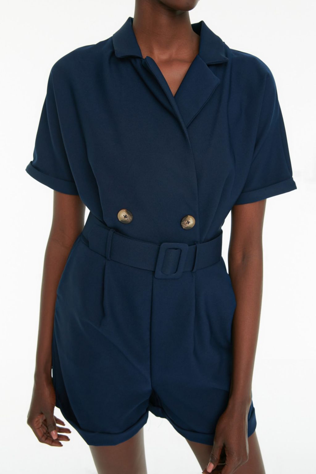 Lacivert Kemerli Kurvaze Yaka Mini Dokuma Tulum TWOSS19WX0112