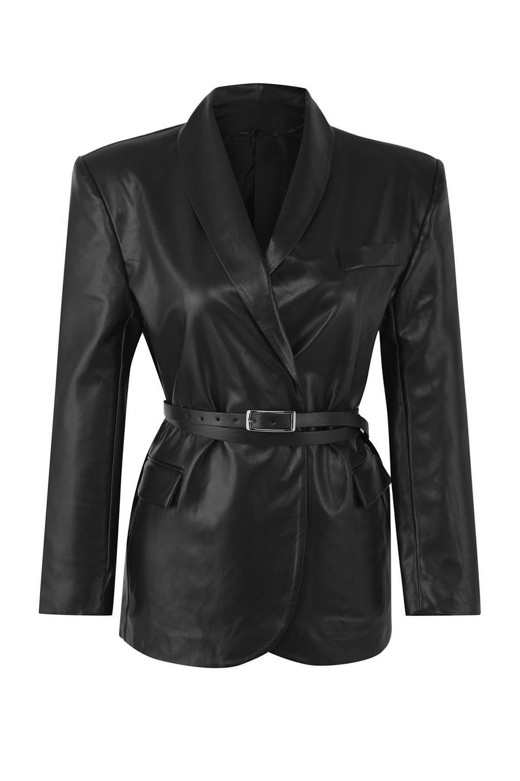 Siyah Kemerli Kruvaze Kapamal? Suni Deri Dokuma Blazer Ceket TWOAW26BC00002