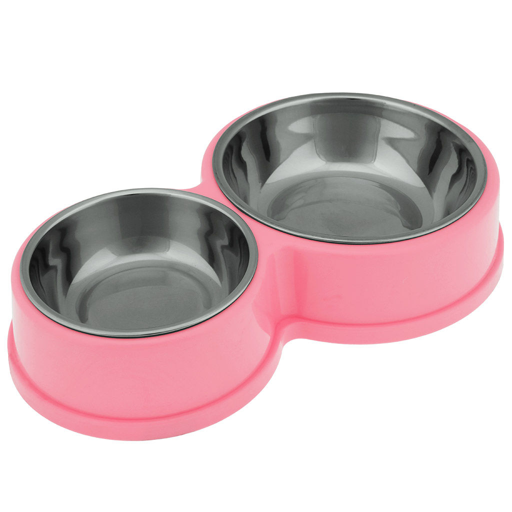 Пэт тойс (Pet toys) Миска для кормления животных из нержавеющей стали Кузя 0,2л/0,4л, д10,8см h3,1см/д14см h3,9см, 2 штуки на пластмассовой подставке 27,7х17см h5см, прорезиненные ножки, цвета в ассортименте: розовый, салатовый, бирюзовый (Китай)