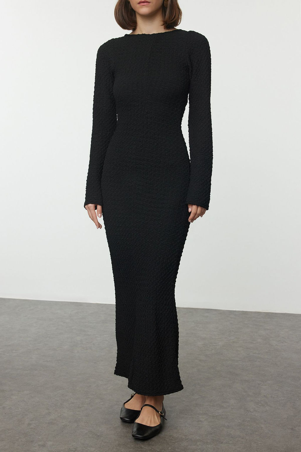 Siyah Duz Dokulu Fitted/Vucuda Oturan Maxi Orme Elbise TWOAW25EL00097