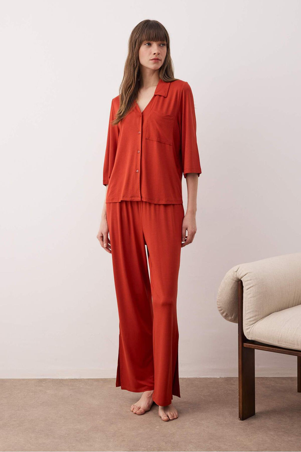 Kiremit Gomlek Yaka Cepli ve Y?rtmacl? Viskon Orme Pijama Tak?m? THMAW26PT00184