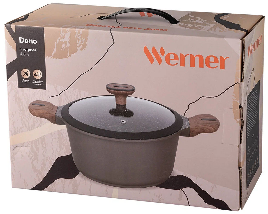 51471 WERNER Кастрюля DONO 24,0x11,5 см/4,3 л с индукционным дном, с двухслойным мраморным антипригарным покрытием Pfluon, бакелитовая ручка с покрытием Soft Touch, крышка с силиконовым ободом. Матери  фото 9