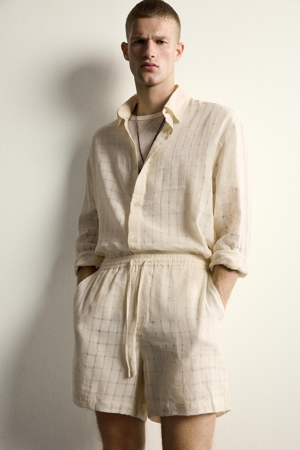 CAMISA RELAXED FIT JACQUARD CUADROS LINO - ALGOD?N / Crudo - Zara фото 5