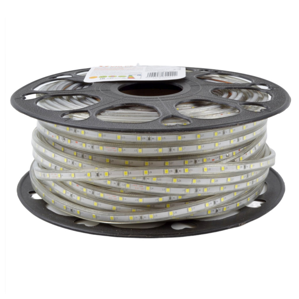 ULS-Q325 2835-60LED/m-10mm-IP67-220V-6W/m-50M-DW Светодиодная гибкая герметичная лента Volpe. В ПВХ трубке. Упаковка - бобина 50 м. IP67. Угол излучения 120. Кратность резки 1 м. Холодный белый свет.