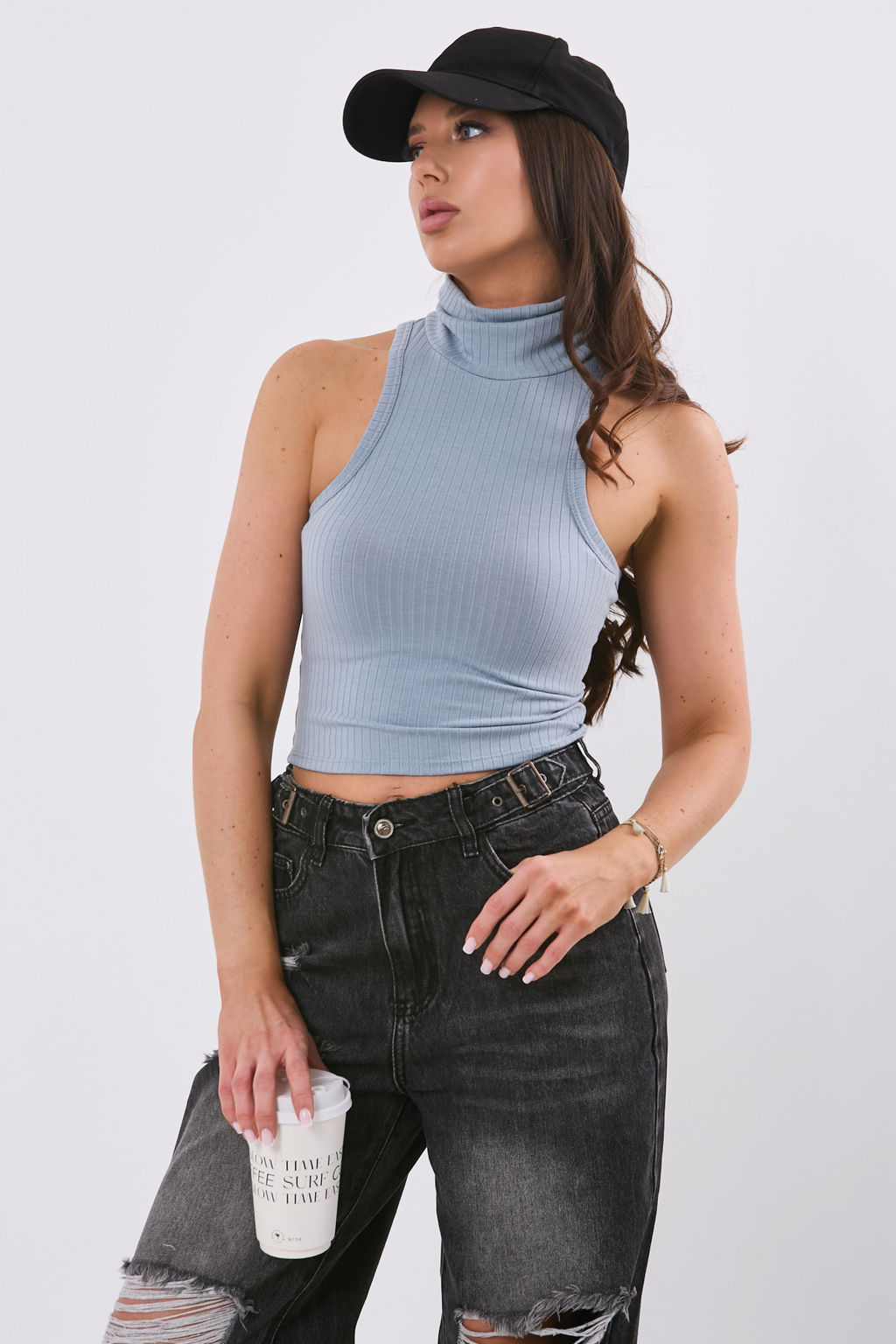 Топ из трикотажа с воротником стойка cеро-голубой