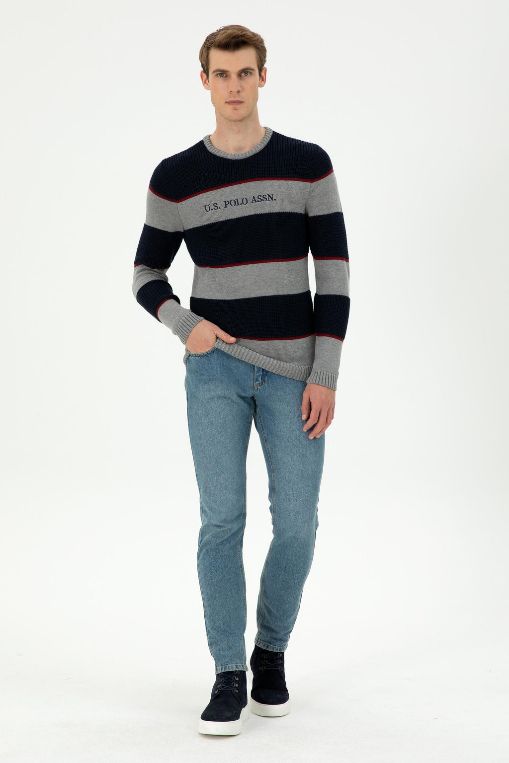 Erkek Slim Fit Bisiklet Yaka Gri Melanj Kazak
