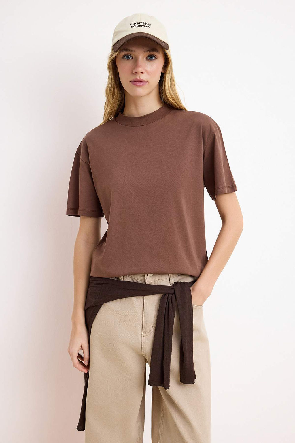 Kahverengi-Haki 2li Paket %100 Pamuk Basic Dik Yaka Orme T-Shirt TWOSS20TS1500