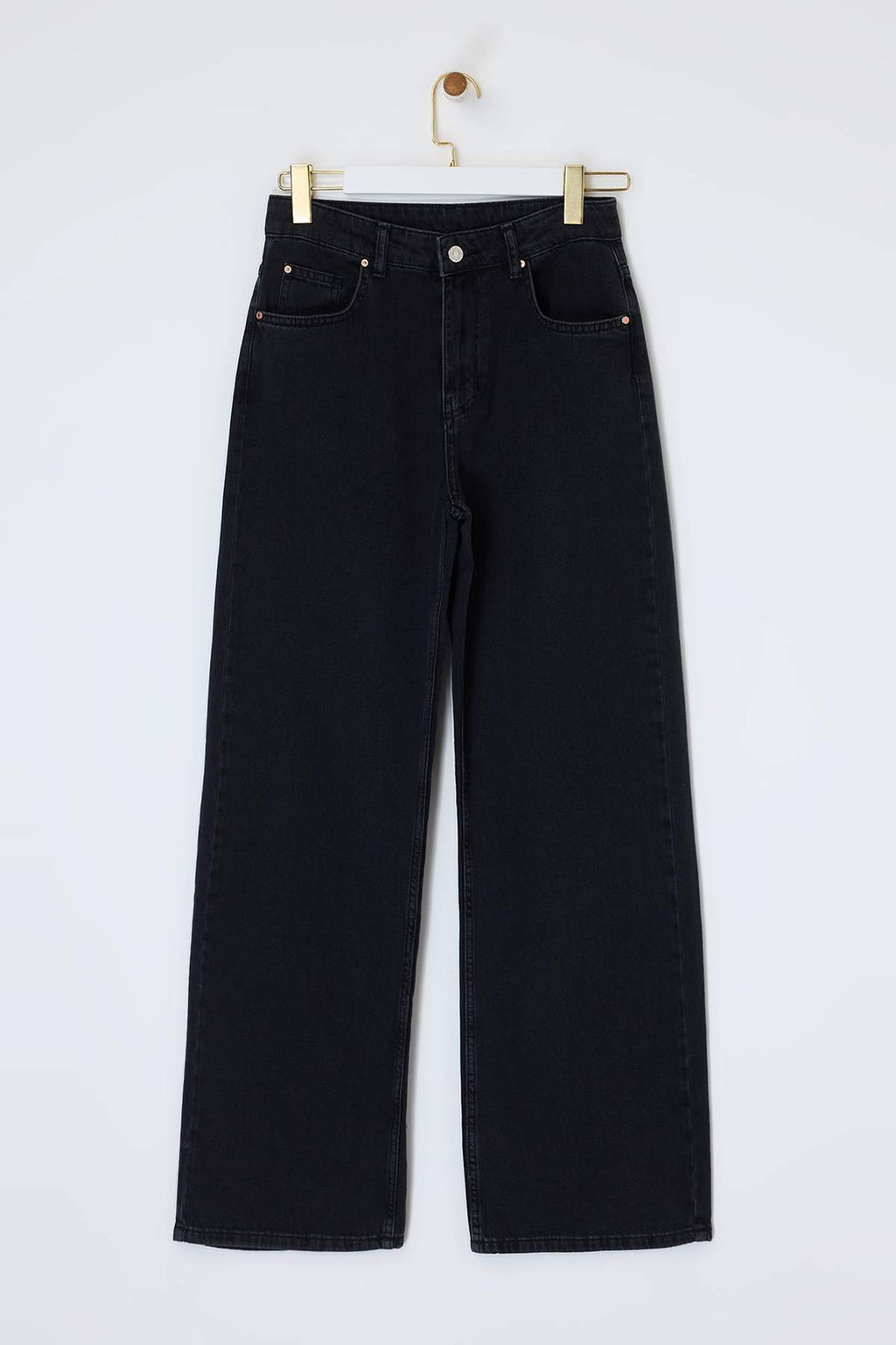 Siyah DOKUMLU Yuksek Bel MEVSIMLIK %100 Pamuk Uzun Boy Wide Leg Jeans TWOSS26JE00127