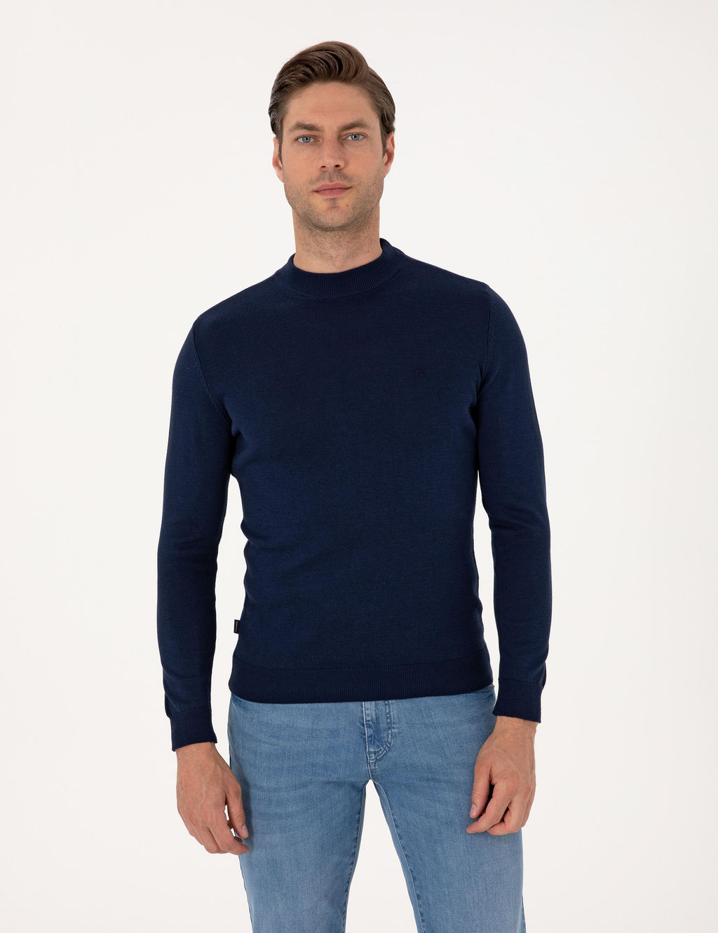 A__k Lacivert Slim Fit _eyrek Yaka Basic Triko Kazak