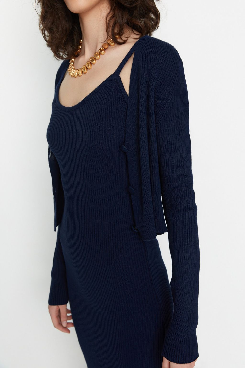 TRENDYOLMILLA Pembe Vucuda Oturan Midi Triko H?rka Elbise Tak?m TWOSS21EL0208 фото 3