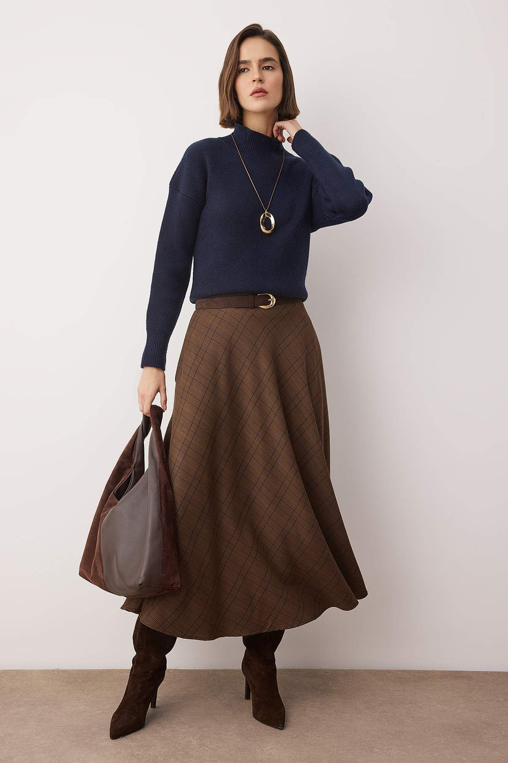 Kahverengi Ekoseli Can/A-Line Volanl? Dokuma Uzun Maxi Etek TWOAW26ET00165