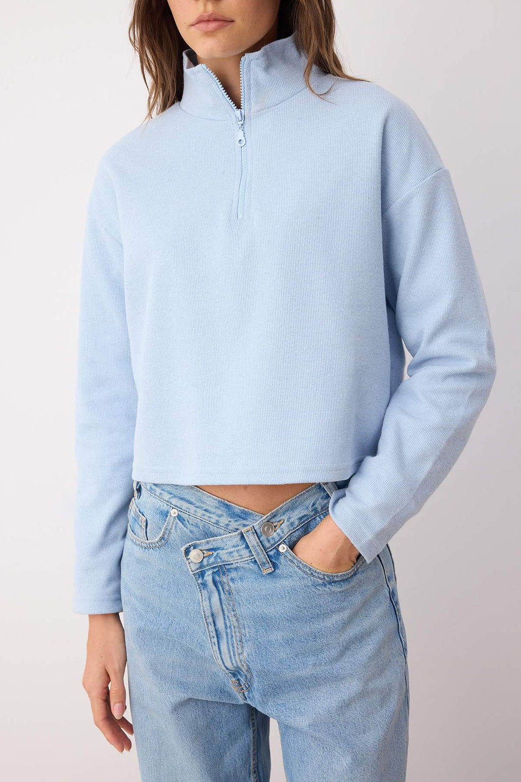 Mavi Selanik/Triko Gorunumlu Fermuarl? Yaka Regular/Normal Kal?p Orme Sweatshirt TWOAW22SW0732