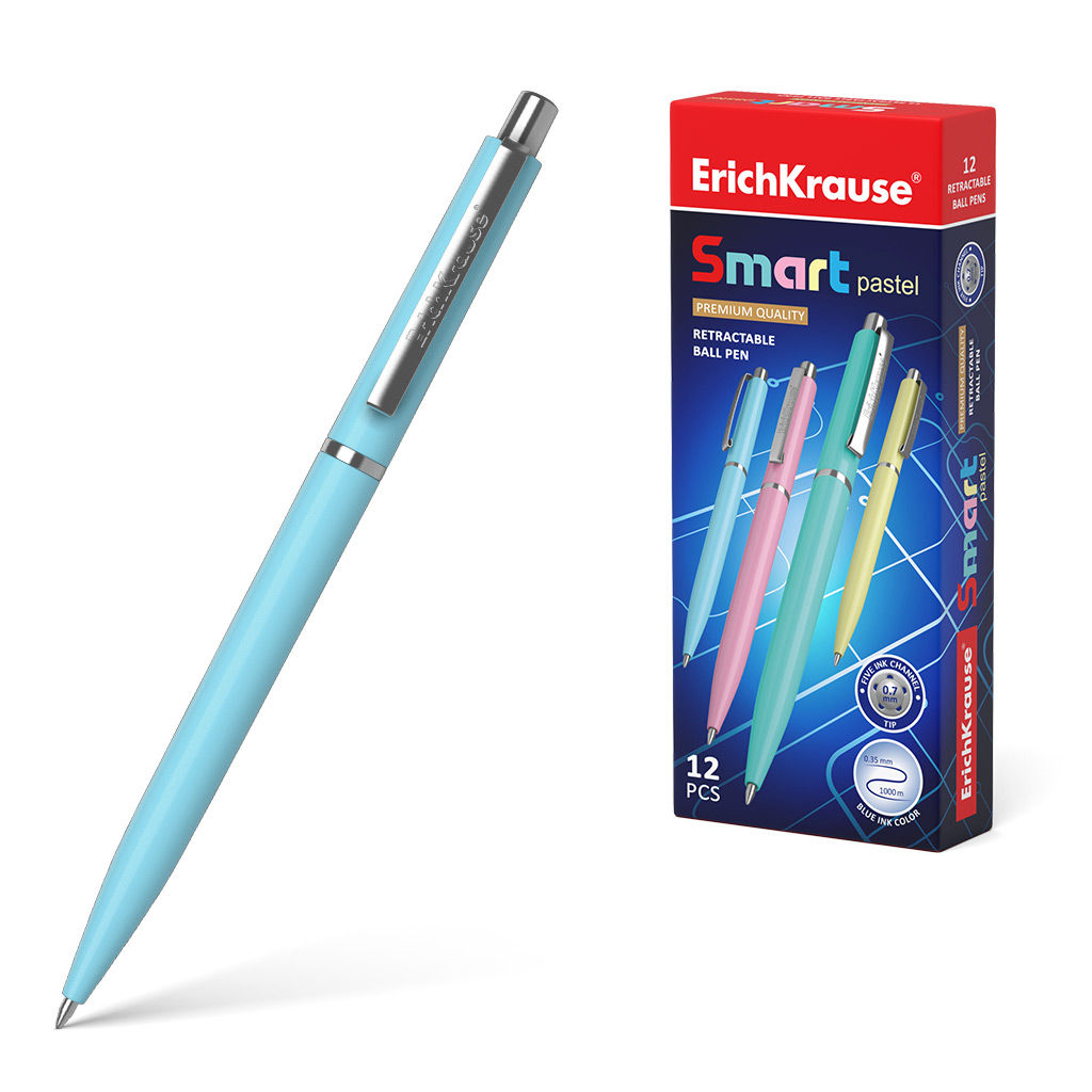 Цена за 12 шт. Ручка шариковая автоматическая ErichKrause Smart®Matic Pastel 0.7, Super Glide Technology, цвет чернил синий (в коробке по 12 шт.)