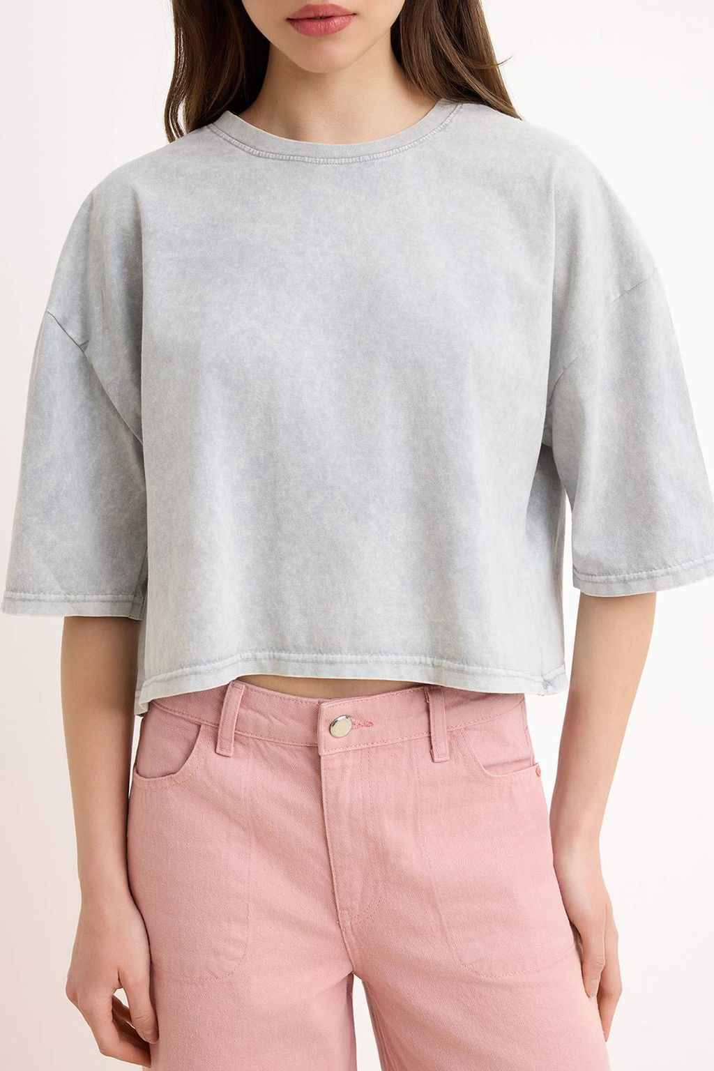 Antrasit Relaxed/Rahat Kal?p Eskitme/Soluk Efektli Crop/K?sa %100 Pamuk Orme T-shirt TWOSS26TS00281 - Trendyolmilla фото 7