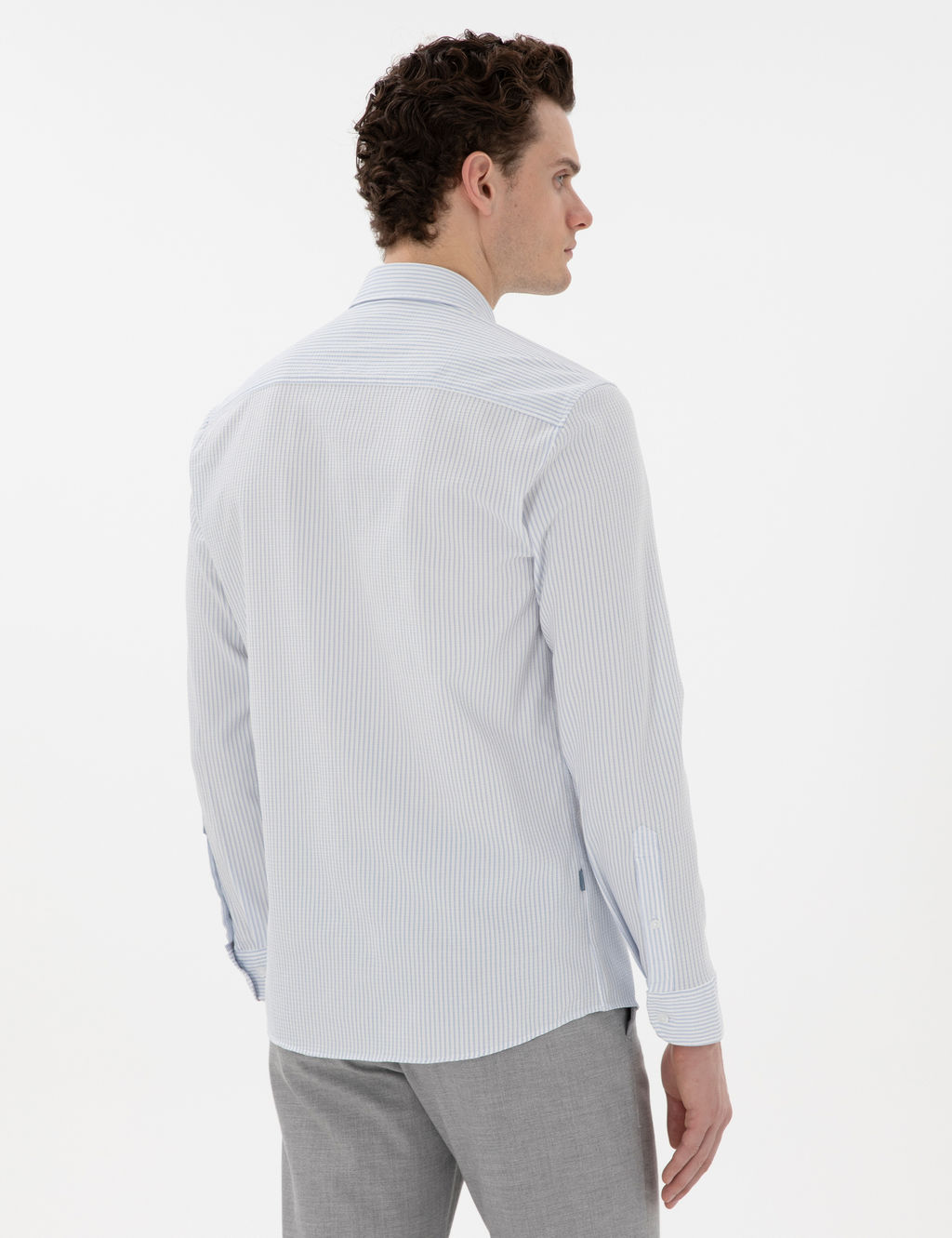 A__k Mavi Slim Fit _izgili Uzun Kollu G_mlek