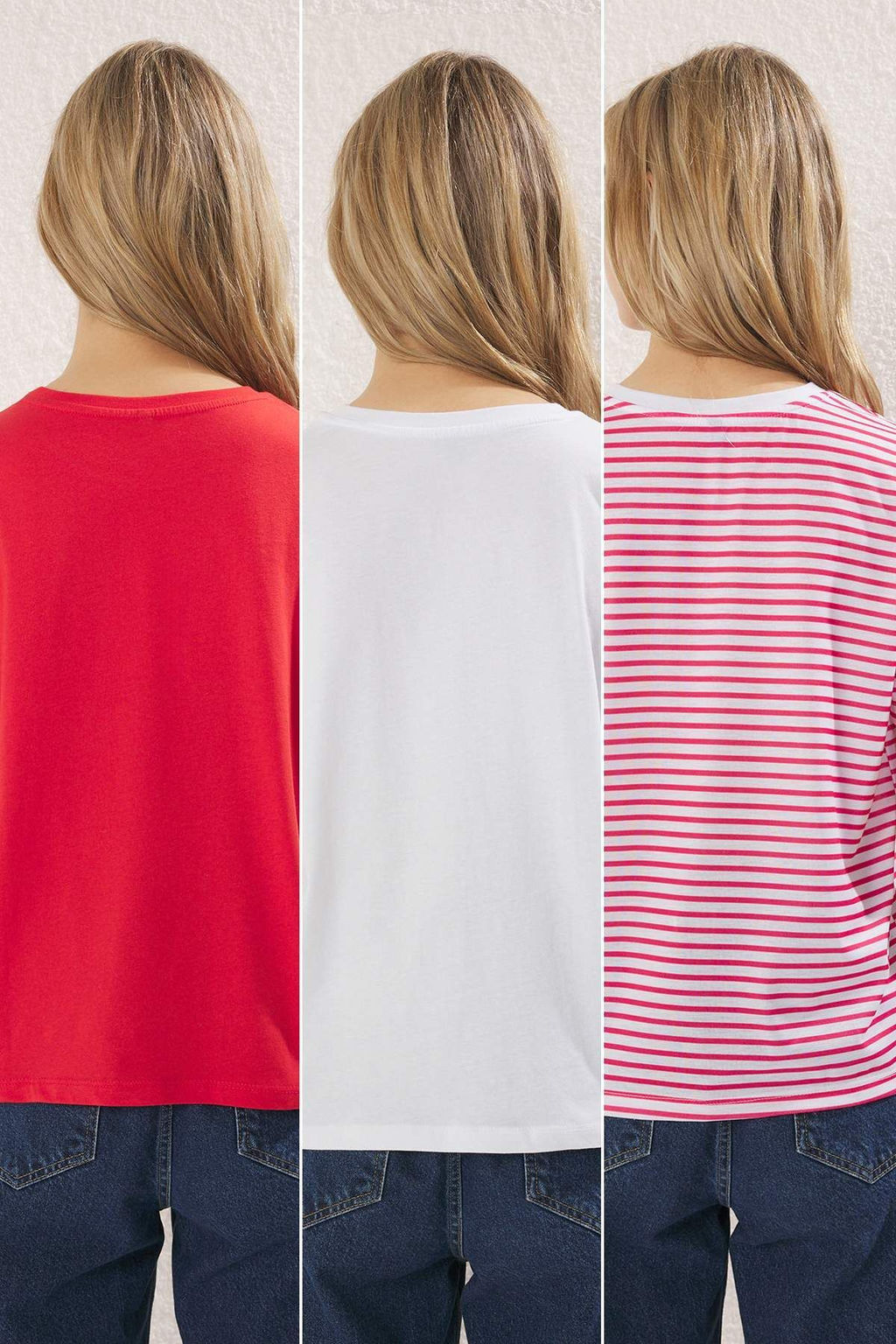 TRENDYOLMILLA Kahverengi-Bej-Haki Cizgili 3lu Paket Basic Bisiklet Yaka Orme T-Shirt TWOSS20TS0146  фото 2