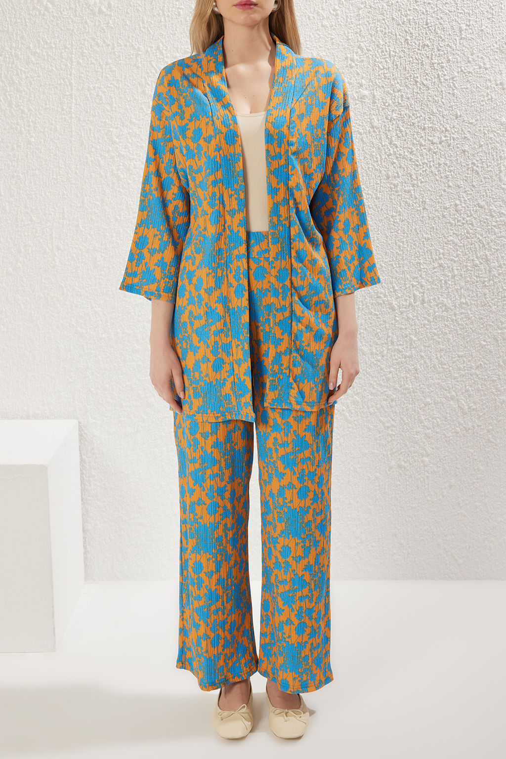 Turuncu Bask?l? Rahat Kesim Esnek Kimonolu Orme Alt-Ust Tak?m TWOSS24AU00103