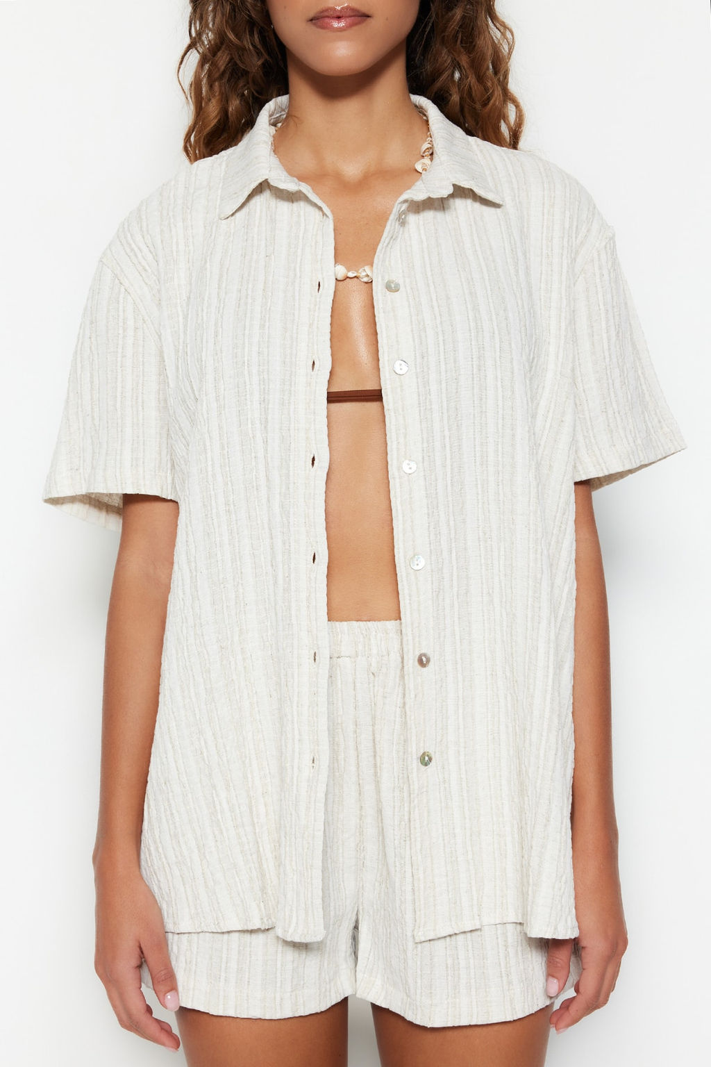 Ekru Dokuma Plaj Gomlek-Sort Tak?m TBESS23AU00054 - Trendyolmilla фото 5