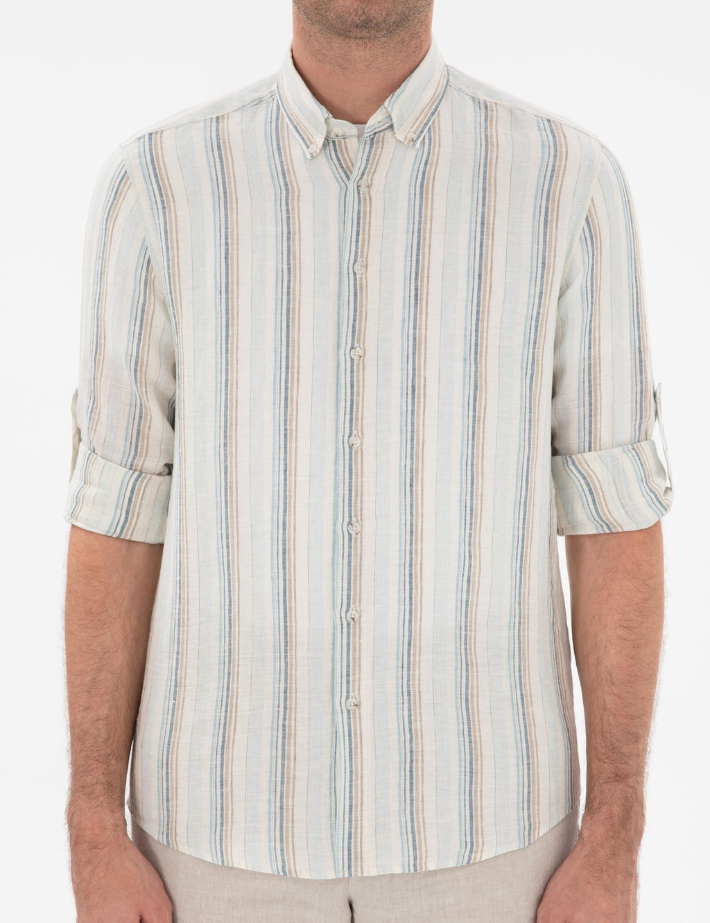 A__k Mavi Slim Fit _izgili Yakas_ D__meli %100 Keten G_mlek