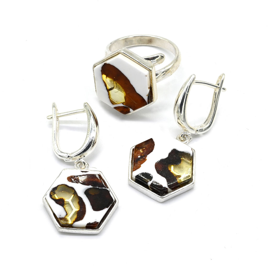 Серьги и Кольцо Соты 19*17мм с янтарём мозаика в посеребрении, 5,8г