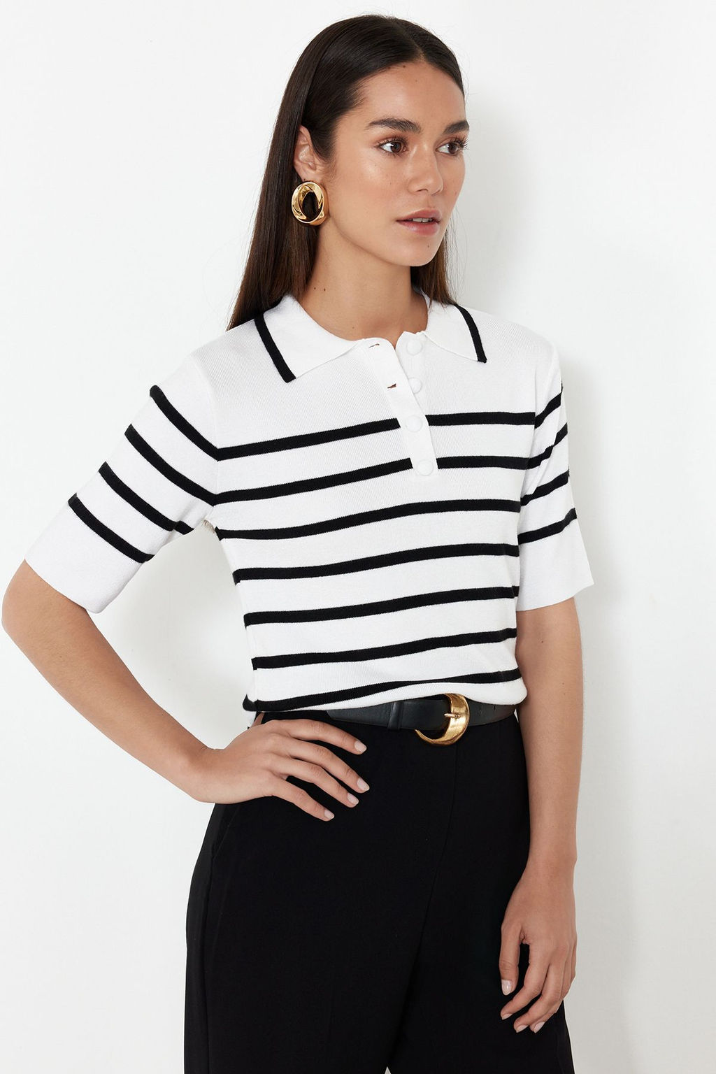 Ekru Premium Kalite Polo Yaka Cizgili Triko Kazak TWOSS24KZ00048