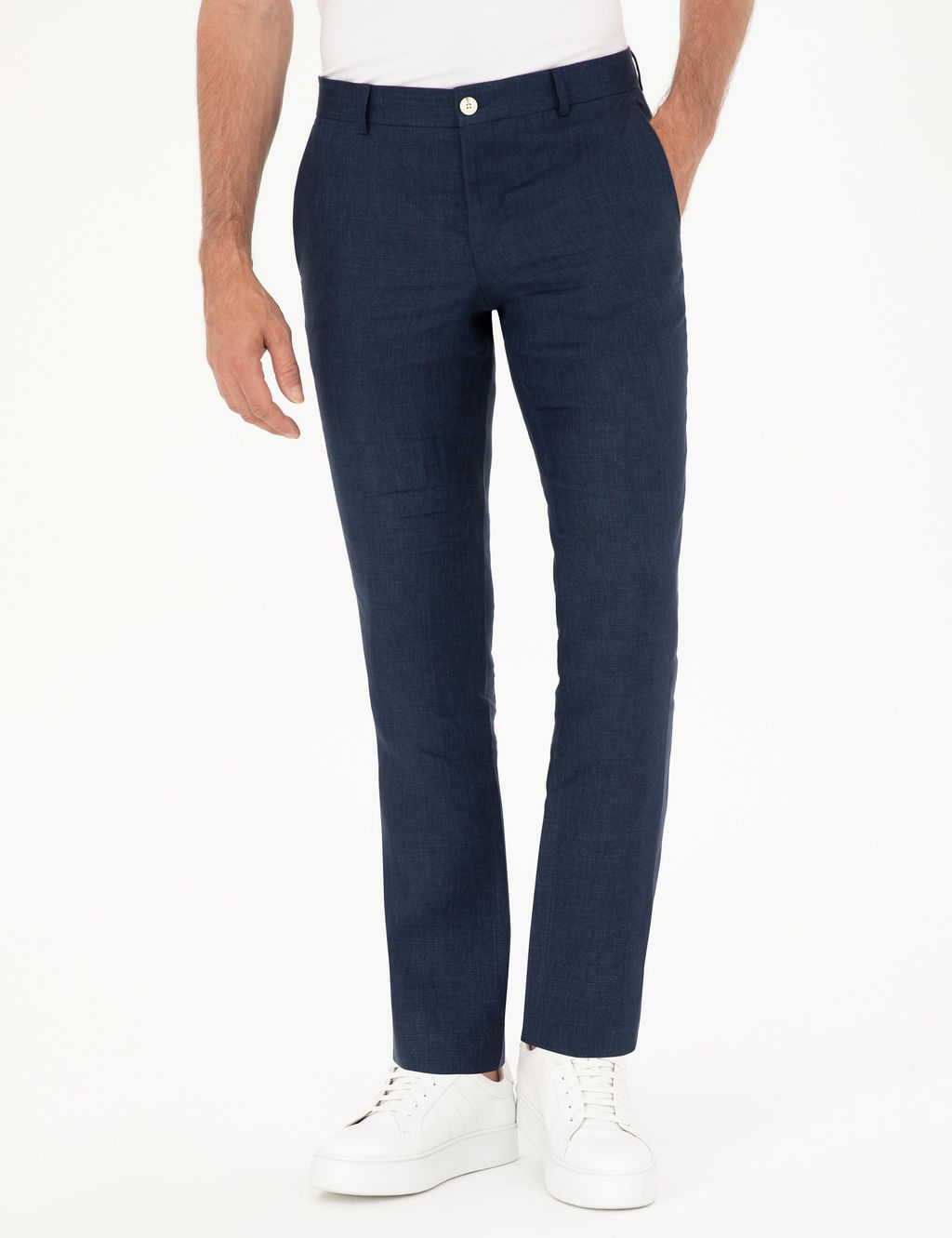 Lacivert Slim Fit %100 Keten Pantolon