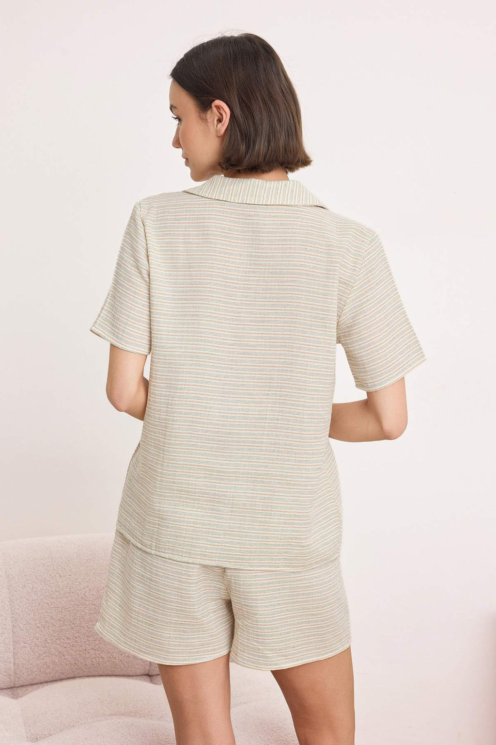 Bej %100 Pamuklu Cizgili Muslin Dokuma Pijama Tak?m? THMSS26PT00135