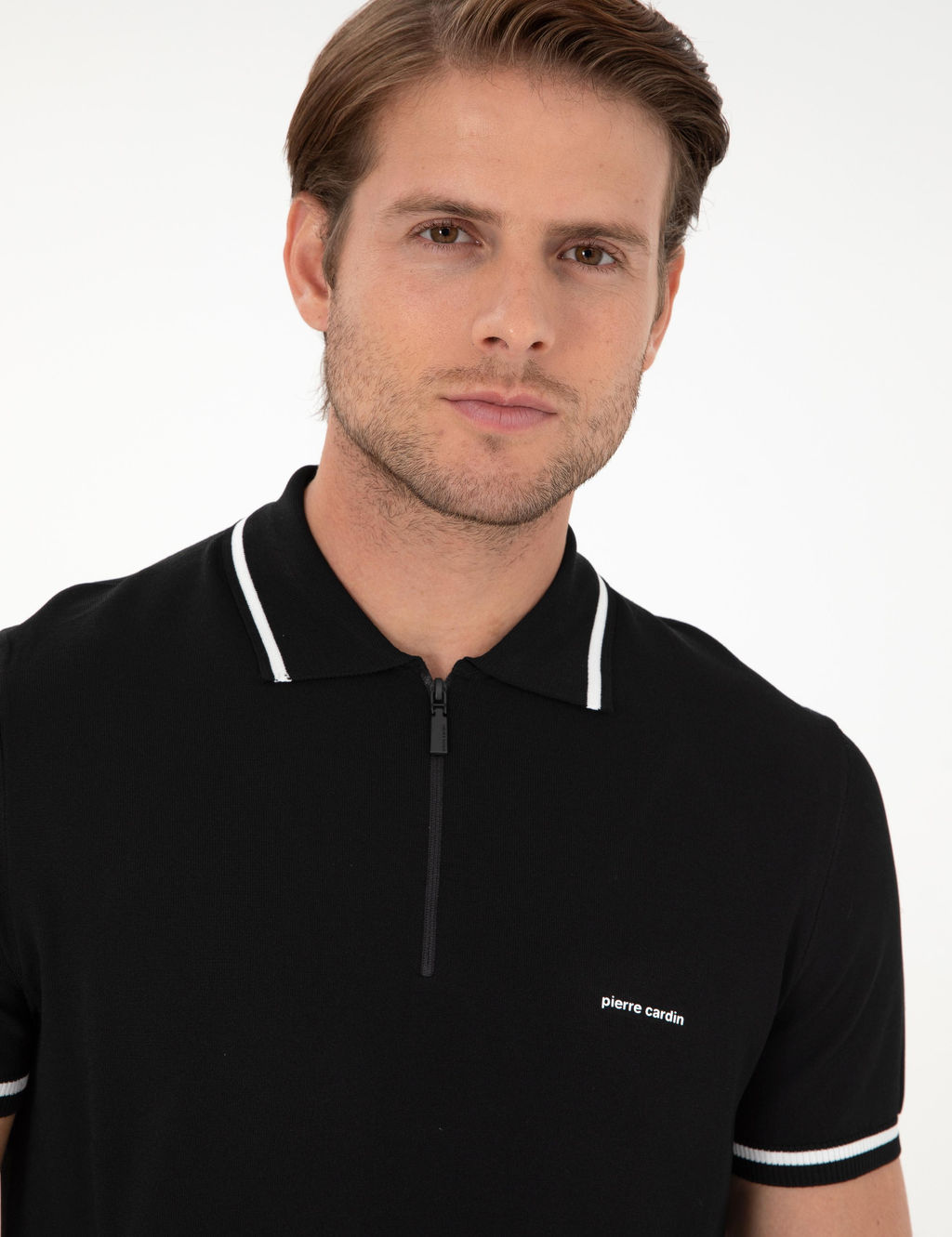 Siyah Slim Fit Fermuarl_ Polo Yaka Y_n Kar___ml_ Triko Ti__rt - Pierre cardin фото 2