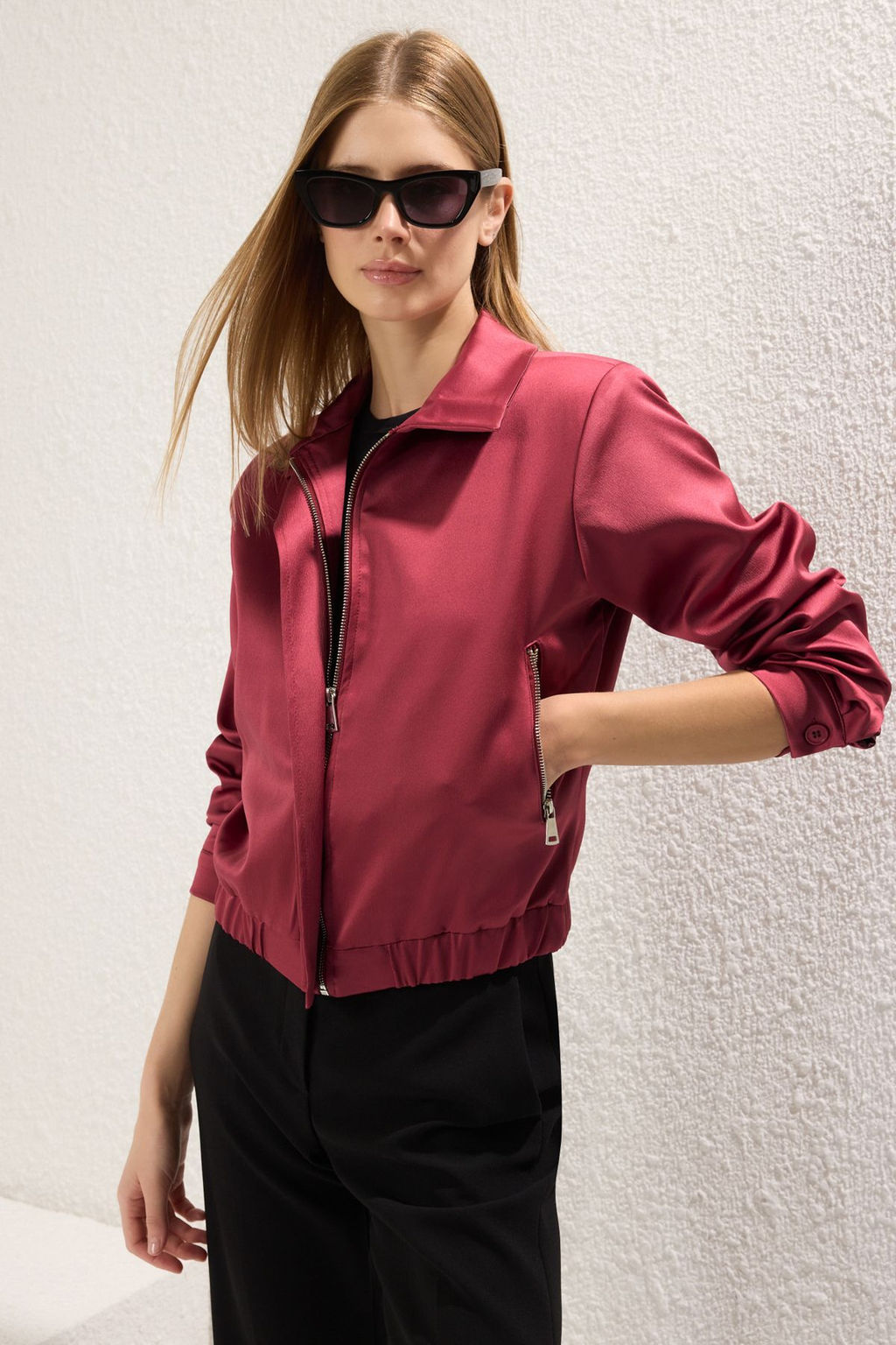 TRENDYOLMILLA Bordo Regular Saten Bomber Ince Ceket Mont TWOSS25MO00021