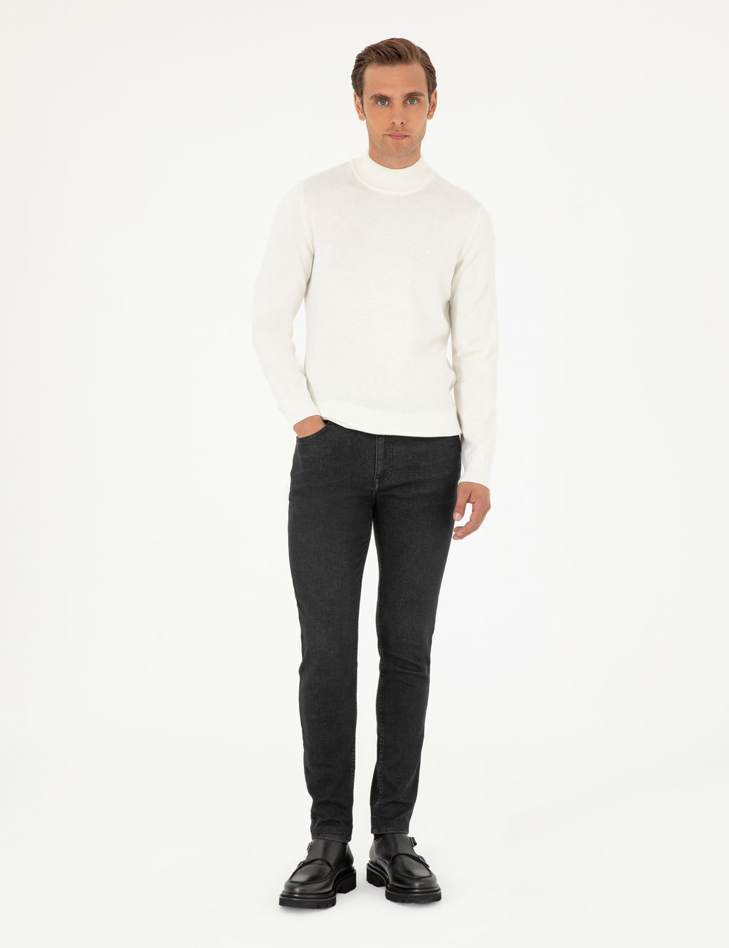 Ekru Slim Fit Yar_m Bal_k__ Yaka Basic Triko Kazak