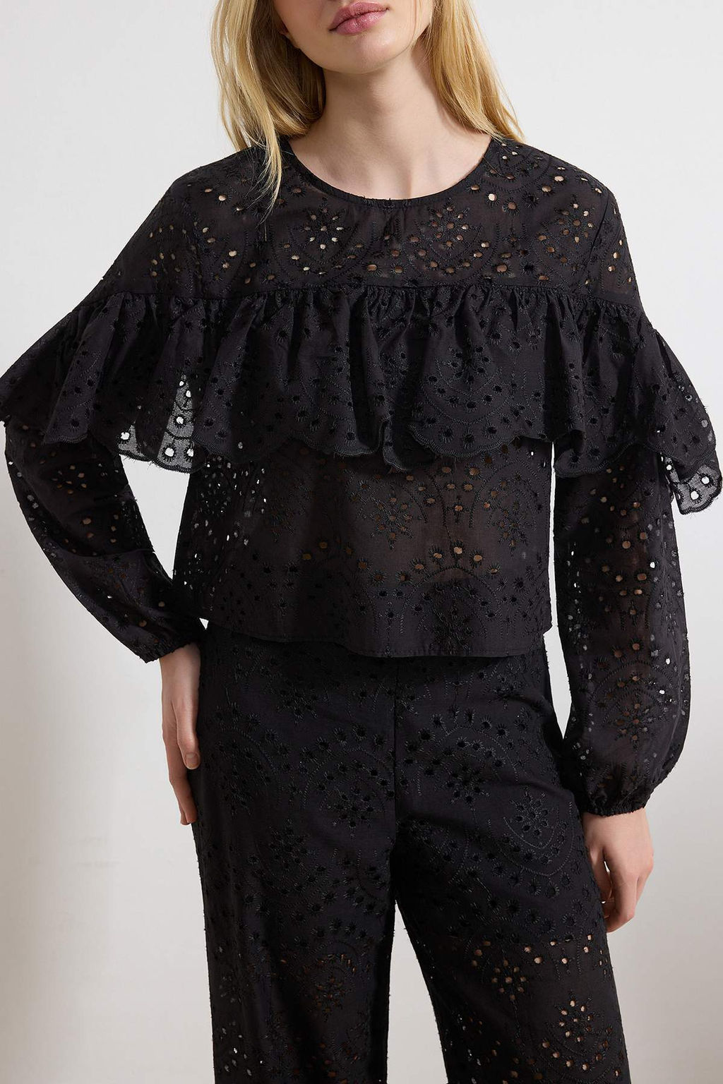 Siyah F?rf?rl? Genis Kal?p Dokuma Brode Bluz TWOSS26BZ00219 - Trendyolmilla фото 3