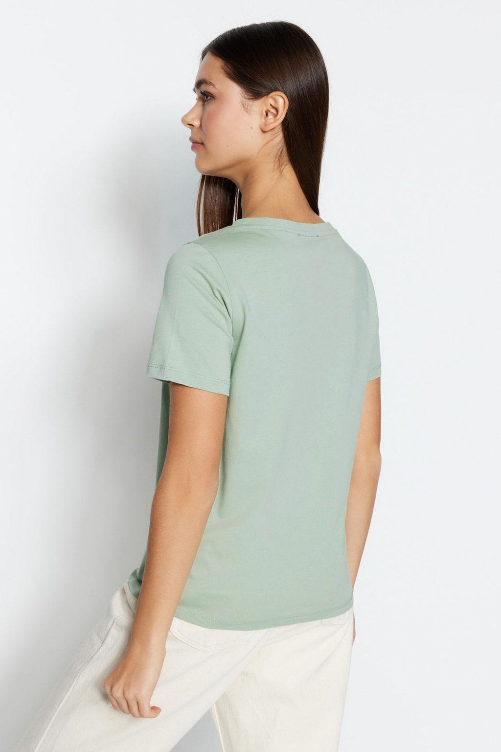 Pembe-Mint %100 Pamuk 2li Paket Basic V Yaka Orme T-Shirt TWOSS23TS00002