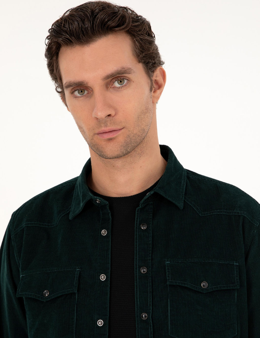 Темно-зеленая бархатная рубашка классического кроя - Cacharel фото 2