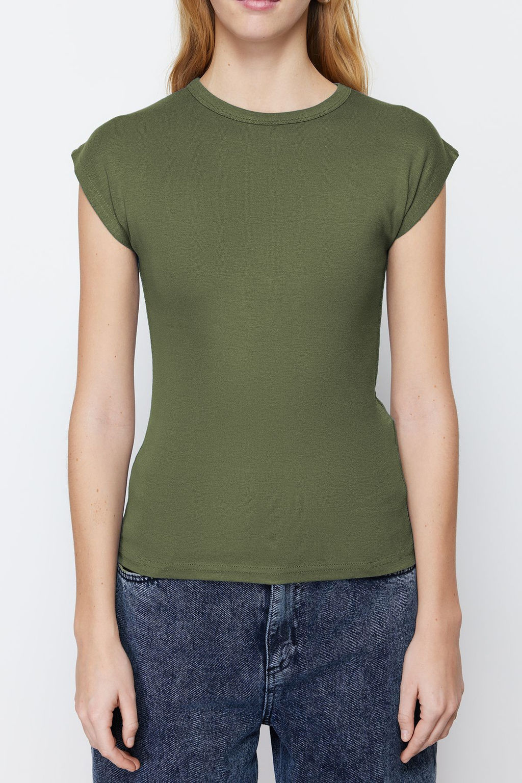 Haki Viskoz/Yumusak Kumas Fitted/Vucuda Oturan Ay Kol Esnek Orme Bluz TWOSS23BZ00992