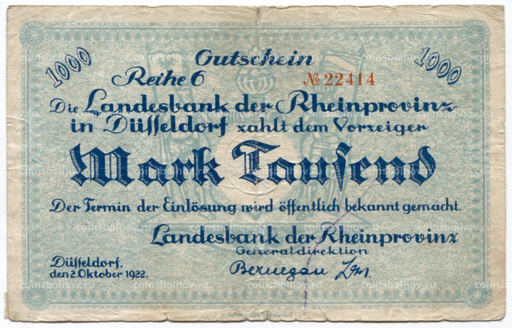 1000 марок 1922 года Германия  Нотгельд (Дюссельдорф)