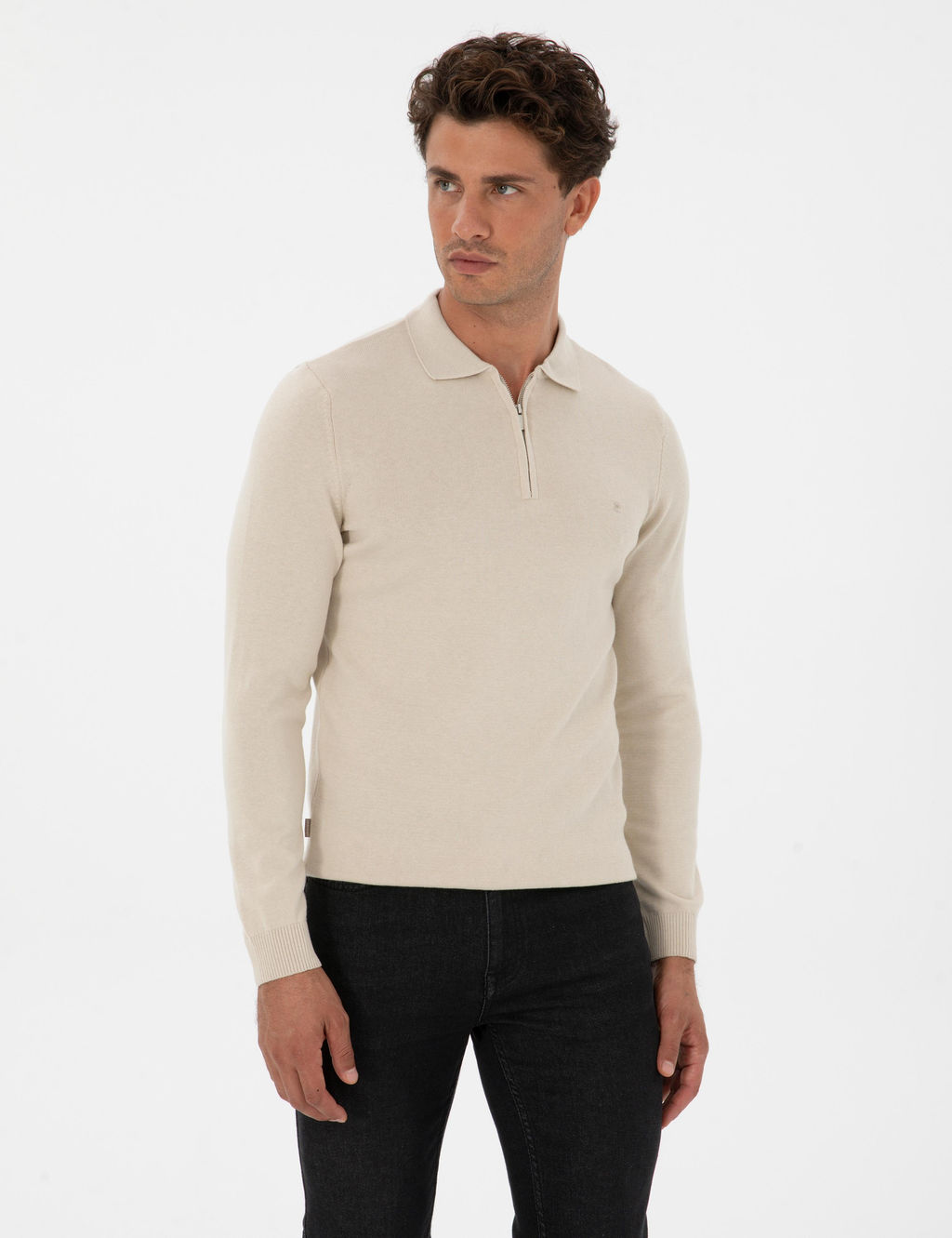 Krem Melanj Slim Fit Polo Yaka Fermuarl_ Basic Triko Kazak