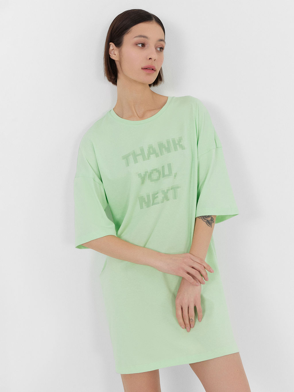 Туника домашняя женская салатовая с принтом Thank you, next свежая мята +печать 512079