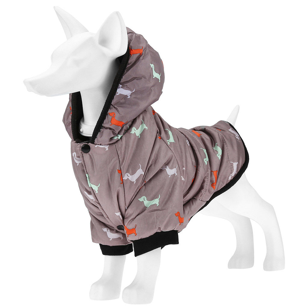 Пэт тойс (Pet toys) Одежда для собаки Куртка с капюшоном, с метал. кольцом, с принтом, на кнопках, р-р M, длина спинки 24см/обхват груди 34см/обхват шеи 28см, цвет-темно-бежевый, плащевка/синтепон/флис (100% полиэстер) (Китай) - Домашняя мода фото 4
