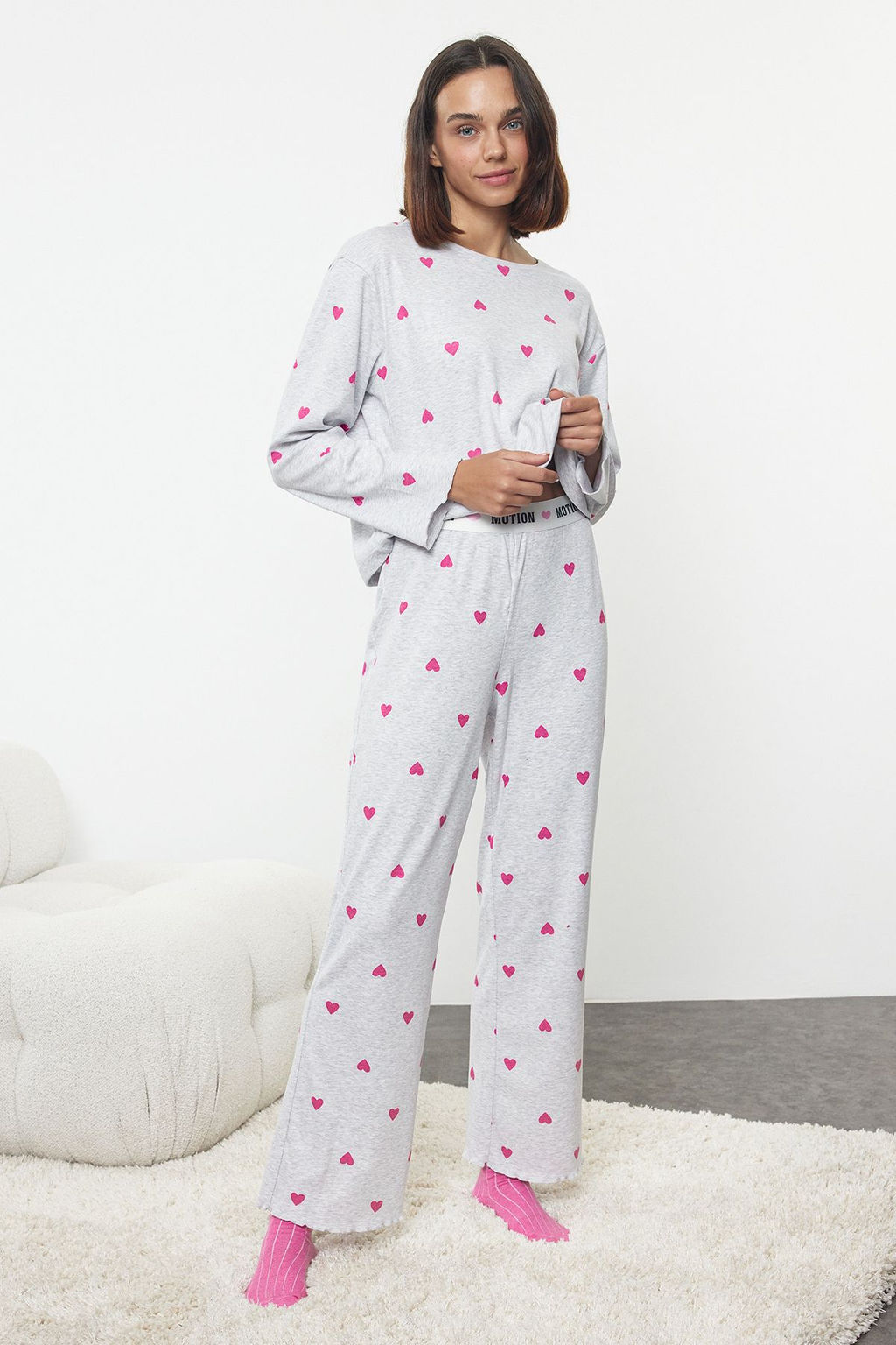 Trendyolmilla Bordo Kalpli Slogan Bask?l? Lastikli Orme Pijama Tak?m? THMAW25PT00045