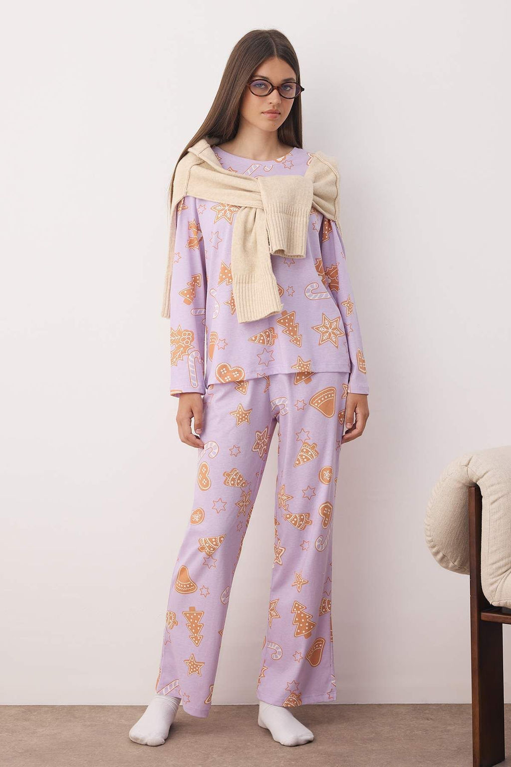 Lila %100 Pamuklu Y?lbas? Temal? Orme Pijama Tak?m? THMAW26PT00062