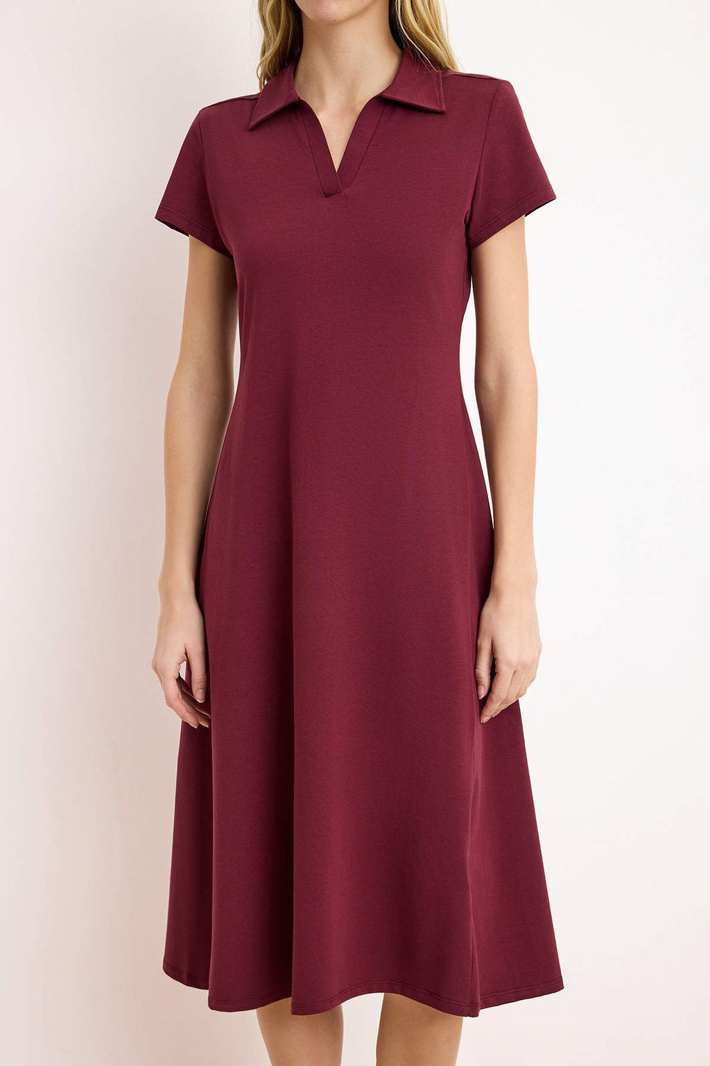 Bordo Polo Yaka Skater/Belden Ac?lan Pamuklu Esnek Orme Midi Elbise TWOSS24EL00480