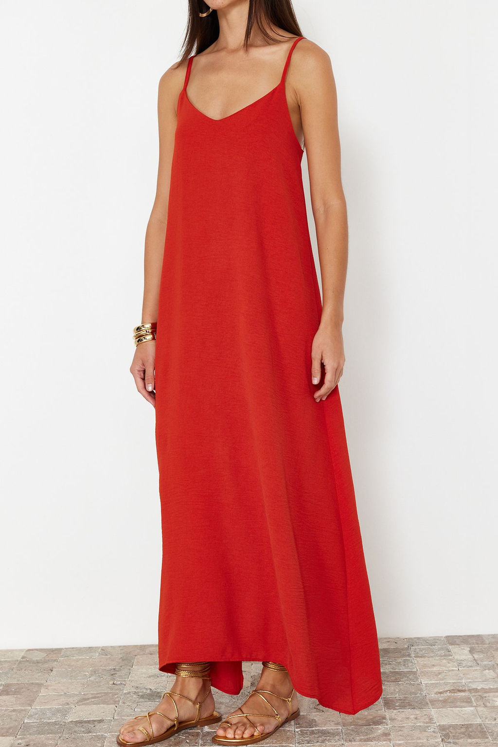 TRENDYOLMILLA Indigo Duz Kesim V Yaka Maxi Dokuma Elbise TWOSS24EL00995 фото 26