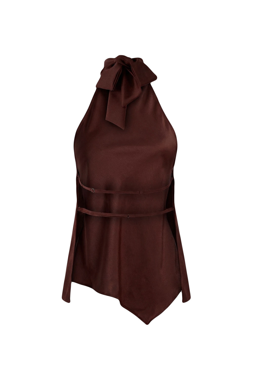 Kahverengi Asimetrik Kesim Halter Yaka Saten Bluz TPRSS26BZ00019