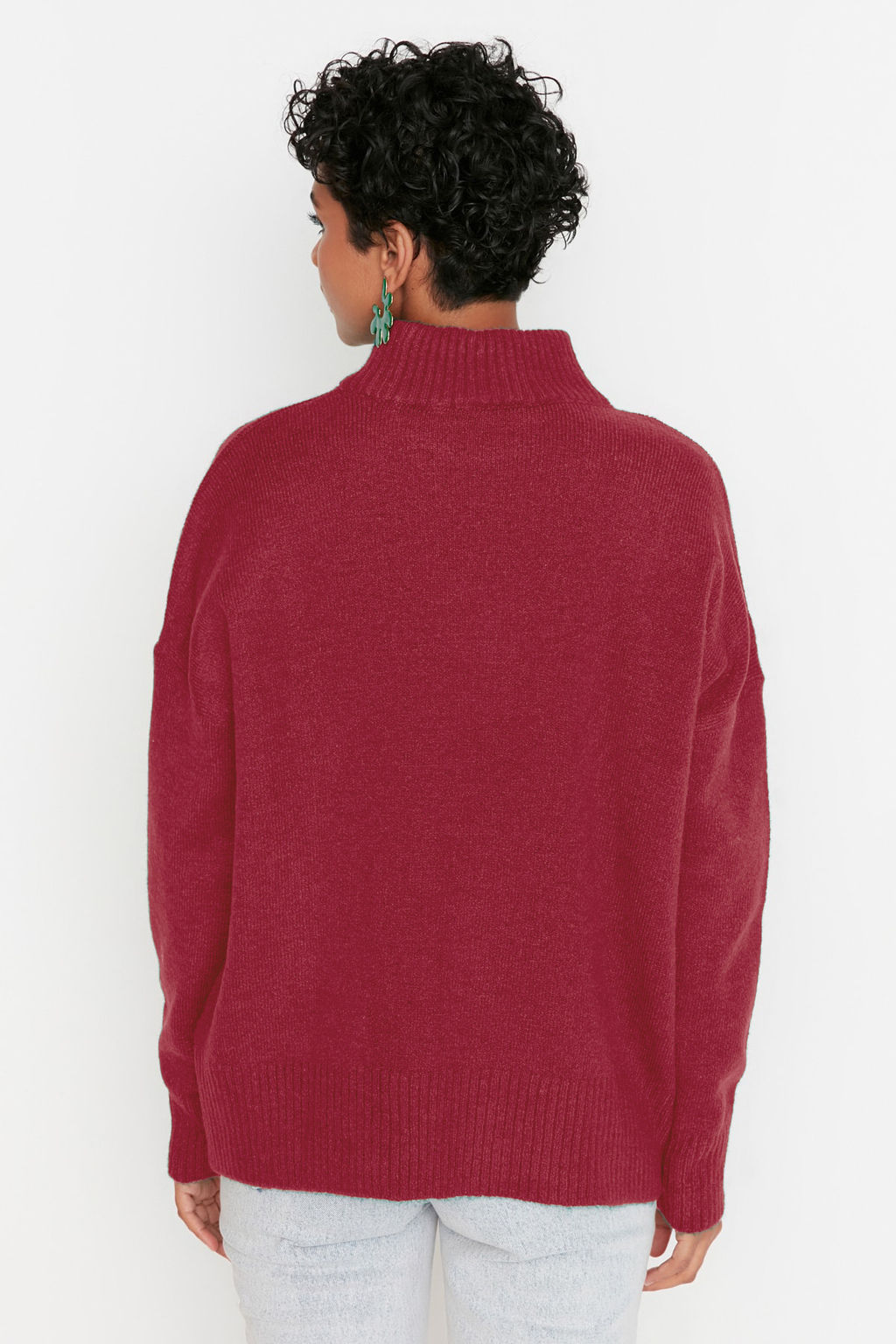 Bordo Genis Kal?p Yumusak Dokulu Dik Yaka Triko Kazak TWOAW23KZ00469