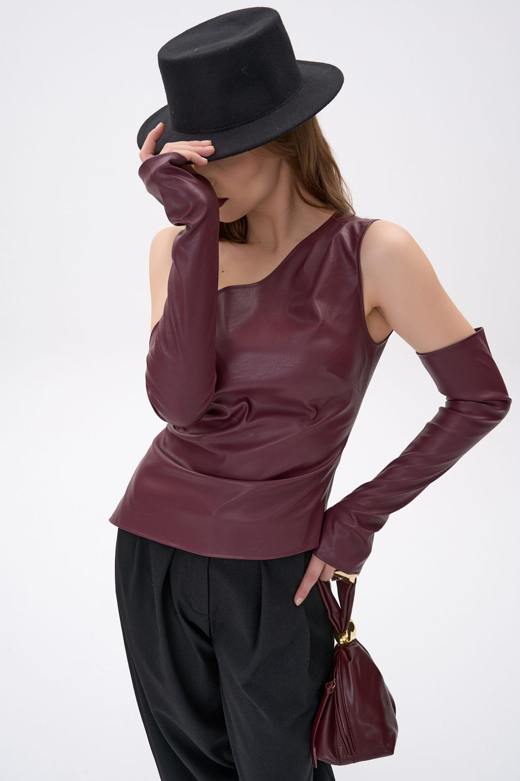 Кожаный топ с рукавами Рикси (бордовый)