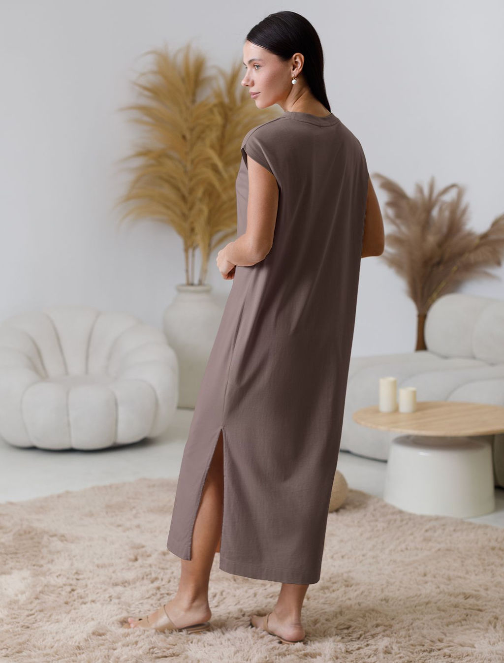 Длинное прямое платье с разрезами из 100% хлопка - Vilatte фото 3