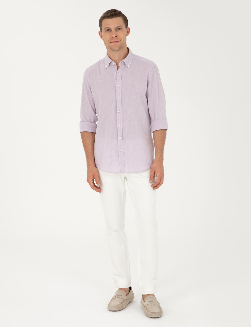 Рубашка приталенного кроя из смесового льна сиреневого цвета с длинным рукавом - Cacharel фото 11